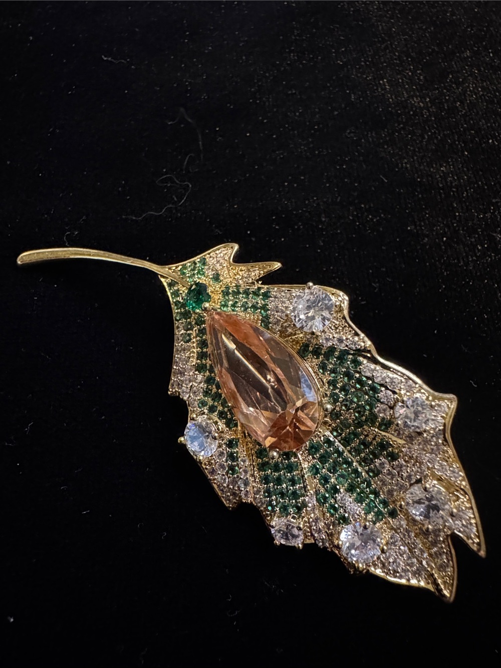Gold Leaf Teardrop Crystal Brooch - Green and Brown